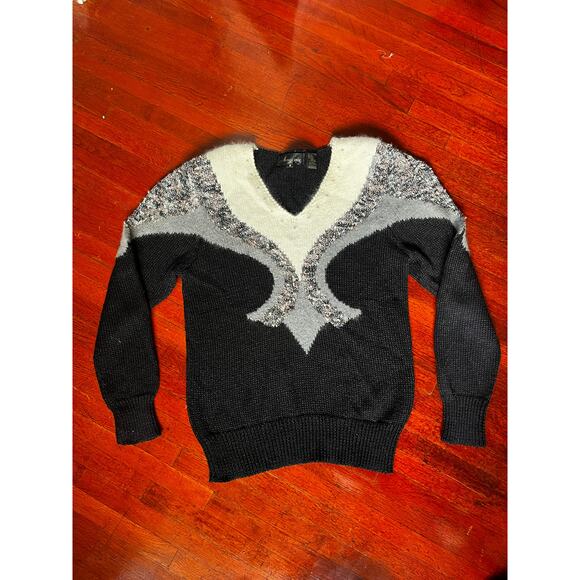 Vintage 80s Angenie Black White Gray Abstract Wool Acrylic Fuzzy Sweater Small - Picture 1 of 5